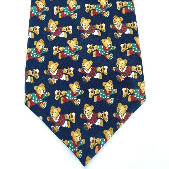 Como Seda Necktie Christmas Bear in Polka Dot Pj's Navy Blue Green Red White Tie - Picture 3 of 9